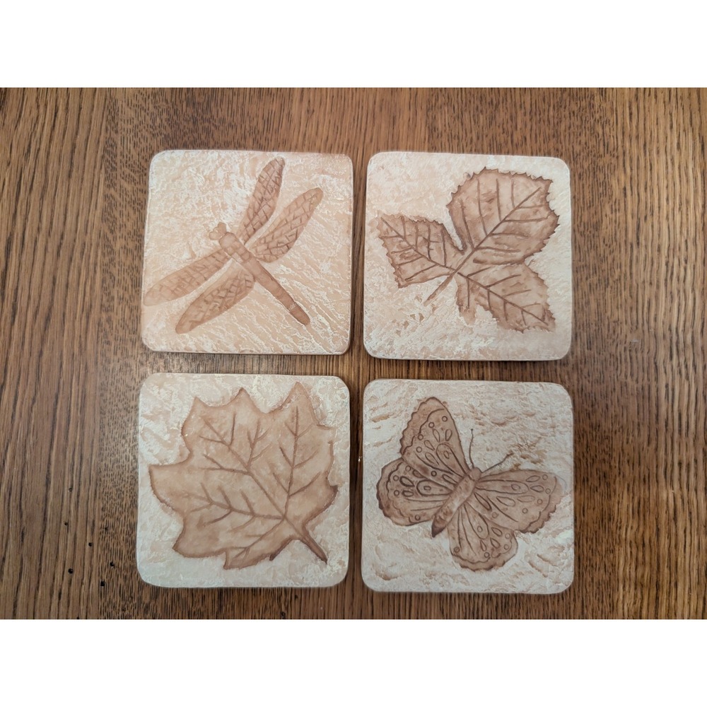 Dragonfly Coaster Butterfly Leaf Woodland Garden Beige Resin Stone Like Set of 4